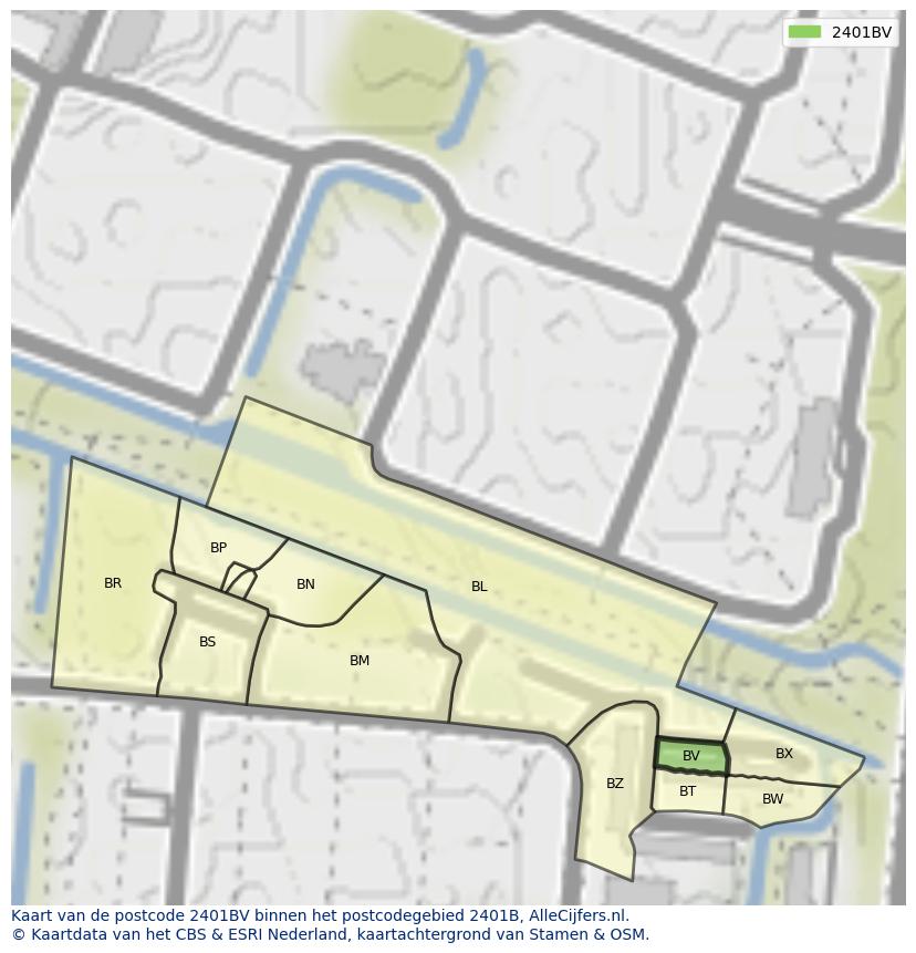 Afbeelding van het postcodegebied 2401 BV op de kaart.