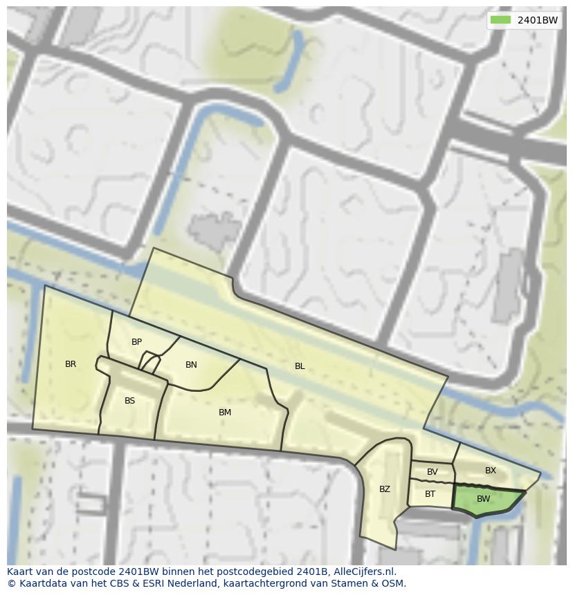 Afbeelding van het postcodegebied 2401 BW op de kaart.