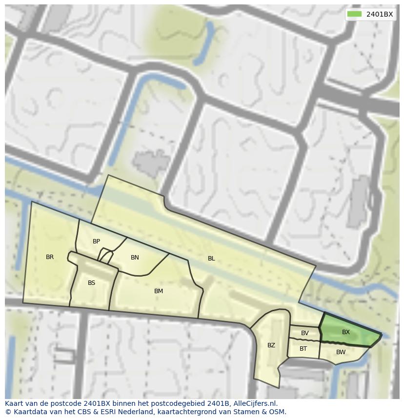 Afbeelding van het postcodegebied 2401 BX op de kaart.