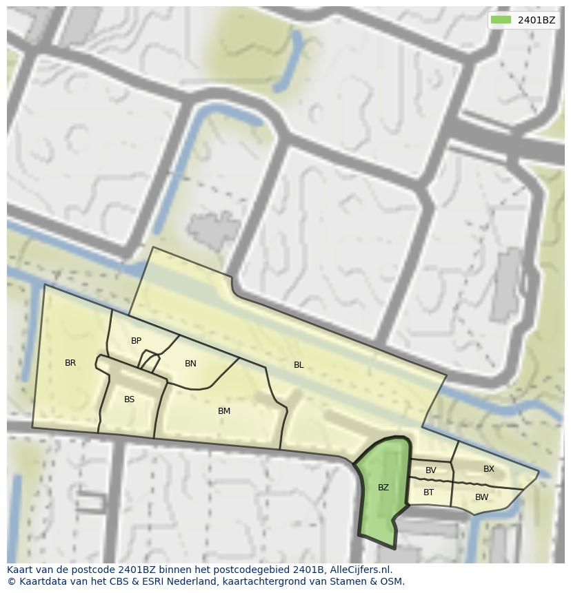 Afbeelding van het postcodegebied 2401 BZ op de kaart.