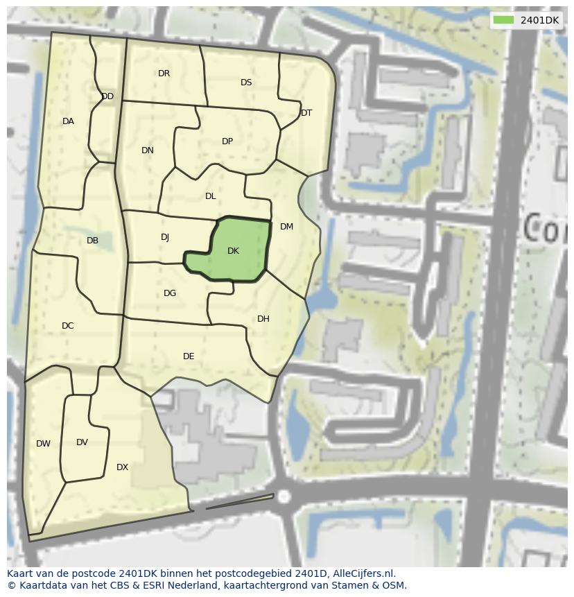Afbeelding van het postcodegebied 2401 DK op de kaart.