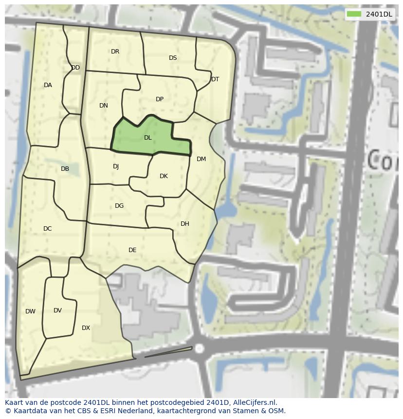 Afbeelding van het postcodegebied 2401 DL op de kaart.