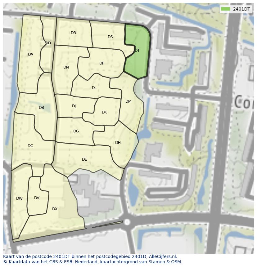 Afbeelding van het postcodegebied 2401 DT op de kaart.