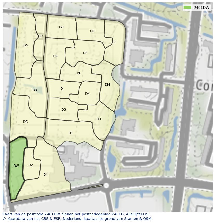 Afbeelding van het postcodegebied 2401 DW op de kaart.