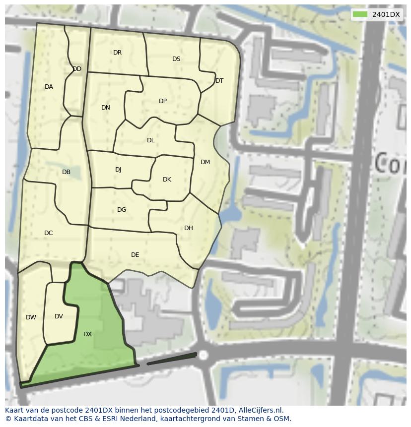 Afbeelding van het postcodegebied 2401 DX op de kaart.