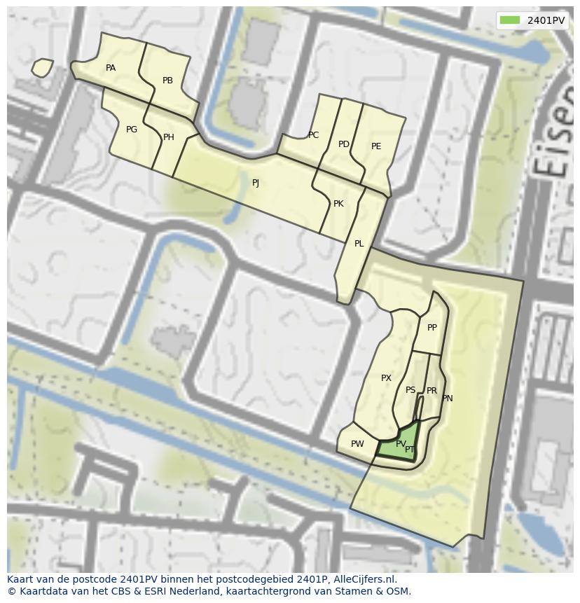 Afbeelding van het postcodegebied 2401 PV op de kaart.