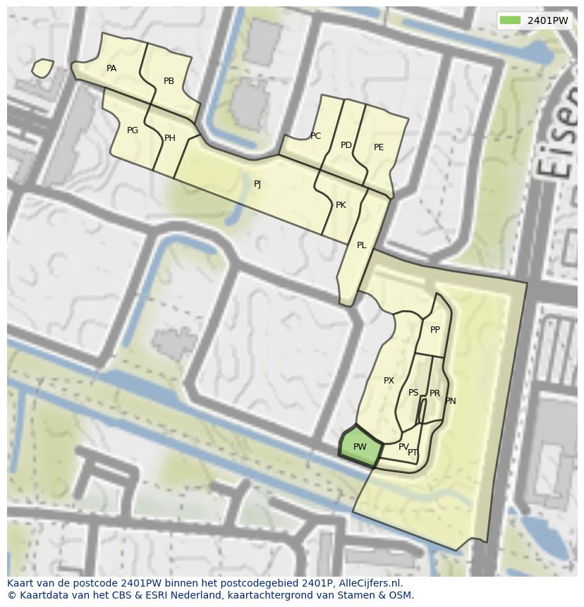Afbeelding van het postcodegebied 2401 PW op de kaart.