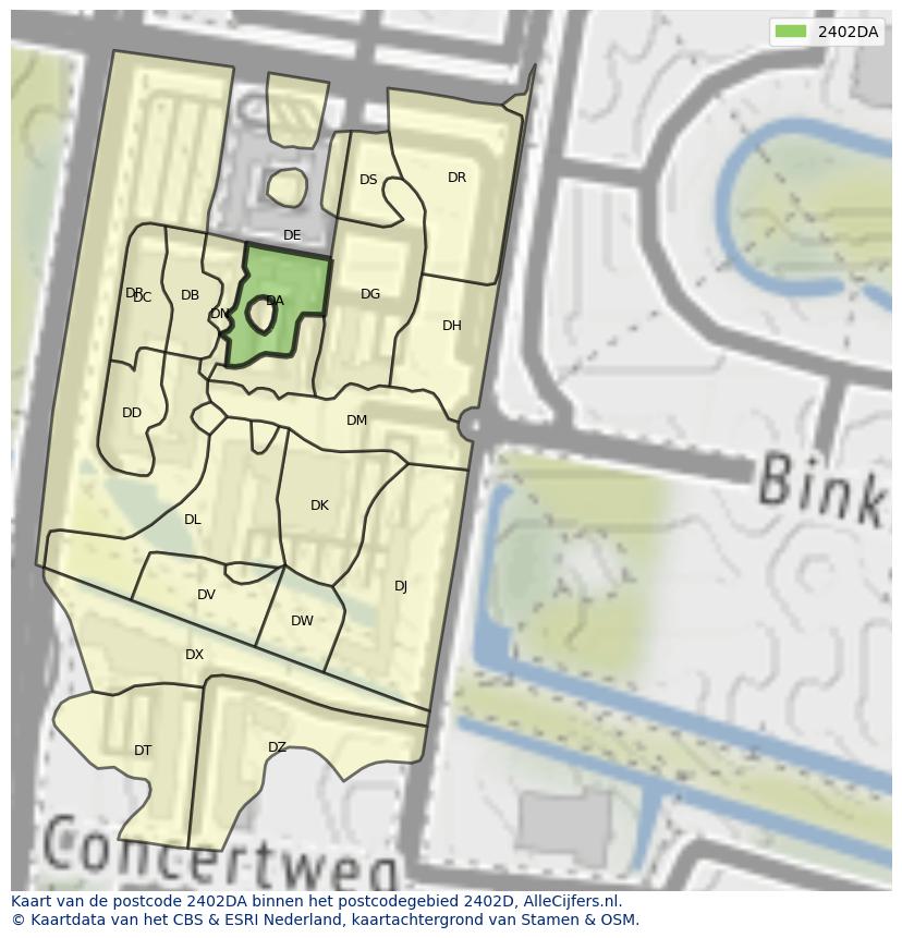 Afbeelding van het postcodegebied 2402 DA op de kaart.