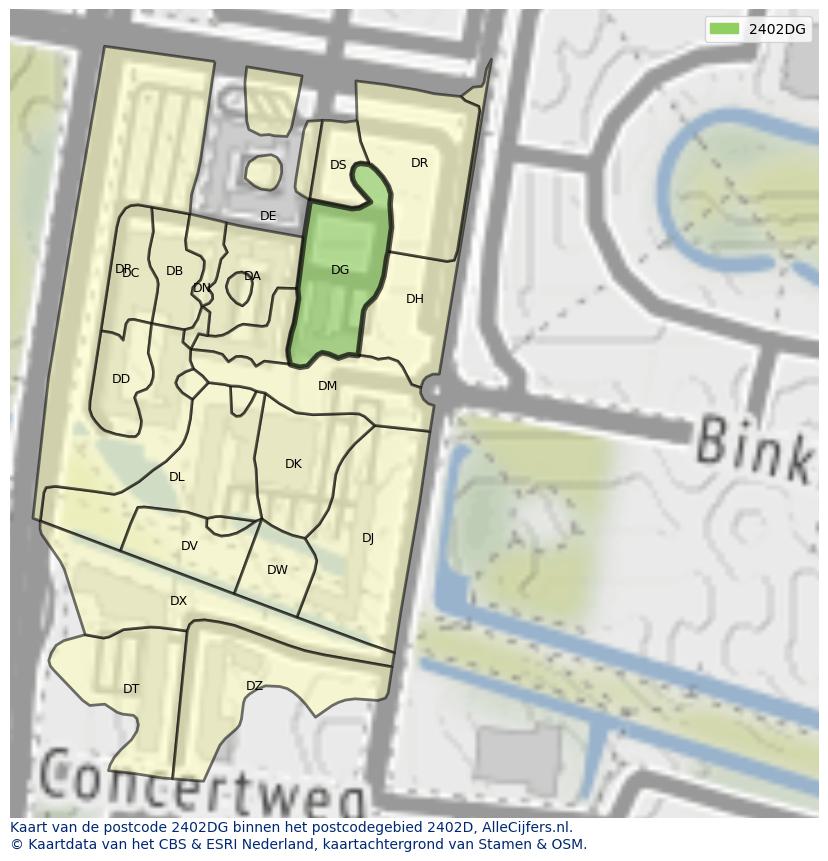 Afbeelding van het postcodegebied 2402 DG op de kaart.