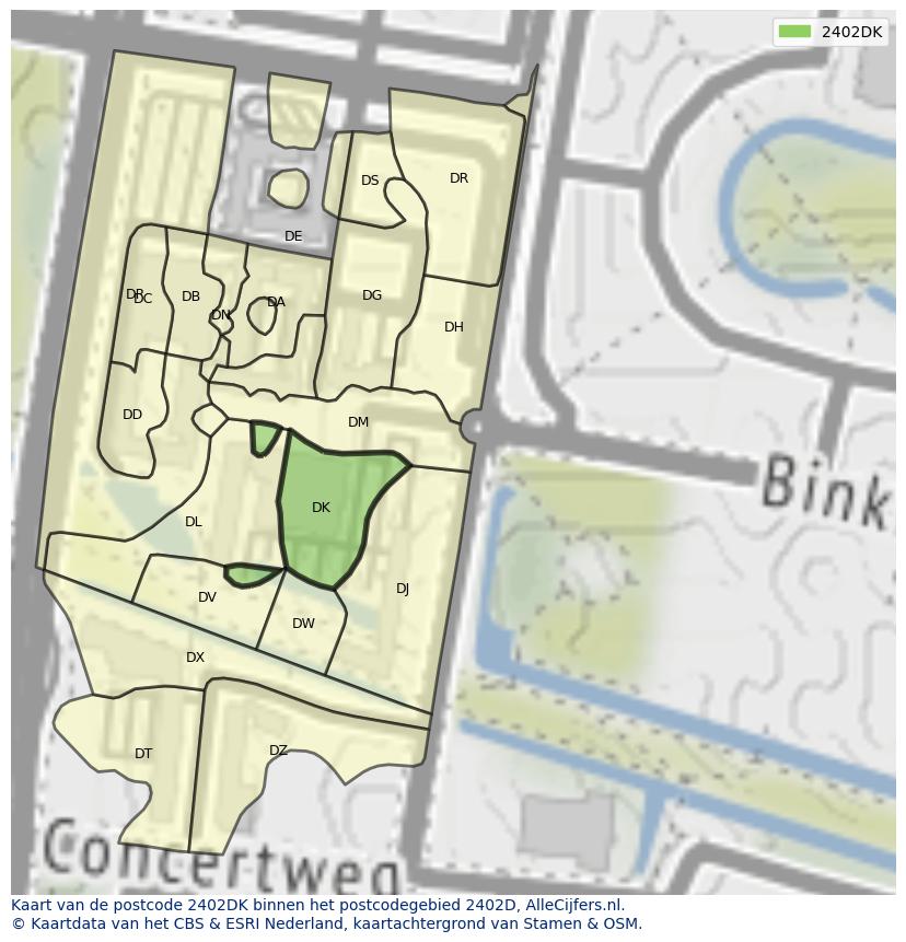 Afbeelding van het postcodegebied 2402 DK op de kaart.