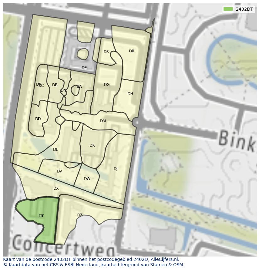 Afbeelding van het postcodegebied 2402 DT op de kaart.
