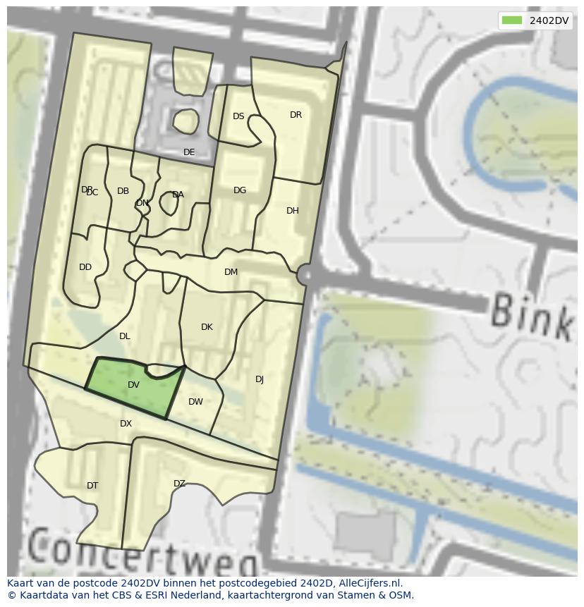 Afbeelding van het postcodegebied 2402 DV op de kaart.