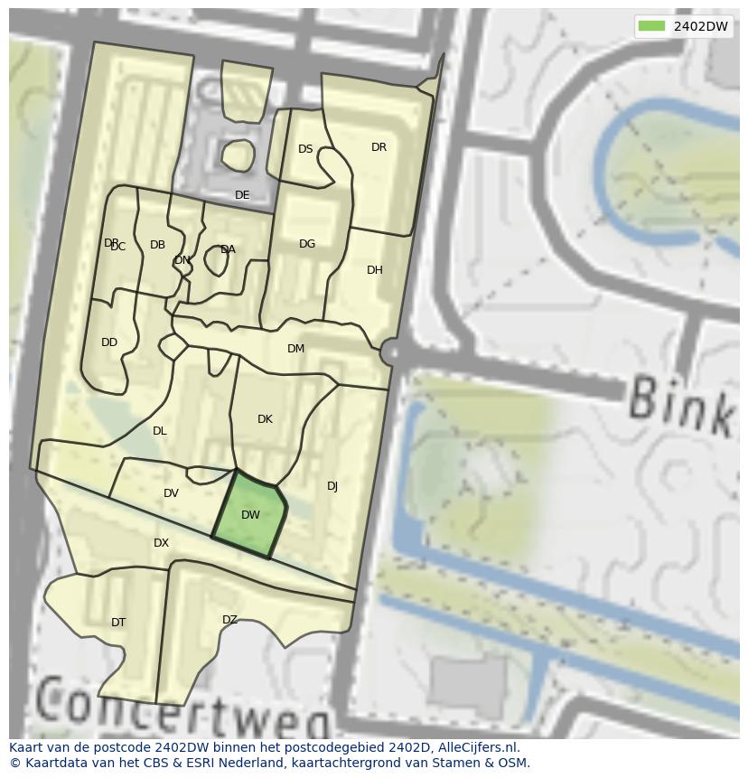 Afbeelding van het postcodegebied 2402 DW op de kaart.