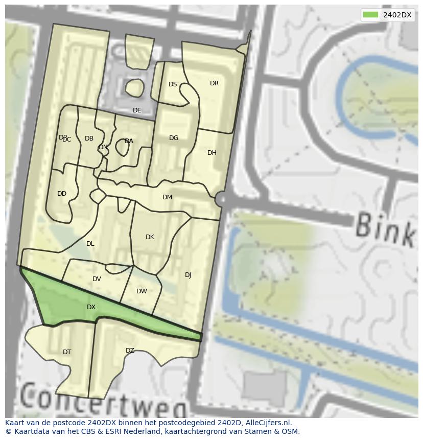 Afbeelding van het postcodegebied 2402 DX op de kaart.