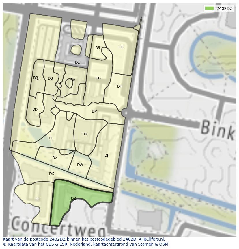 Afbeelding van het postcodegebied 2402 DZ op de kaart.