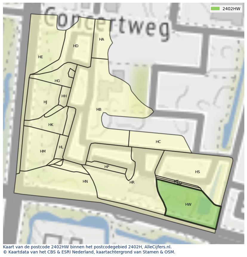 Afbeelding van het postcodegebied 2402 HW op de kaart.