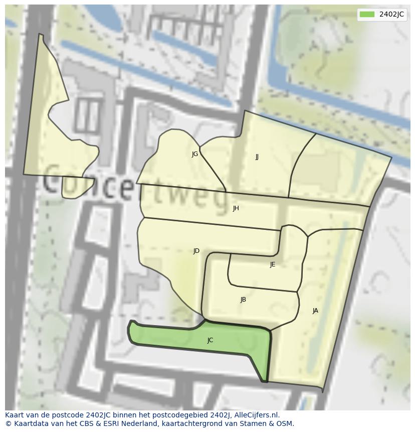 Afbeelding van het postcodegebied 2402 JC op de kaart.