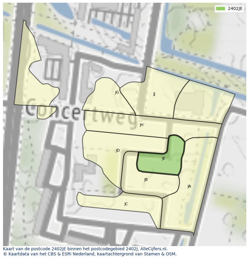 Afbeelding van het postcodegebied 2402 JE op de kaart.