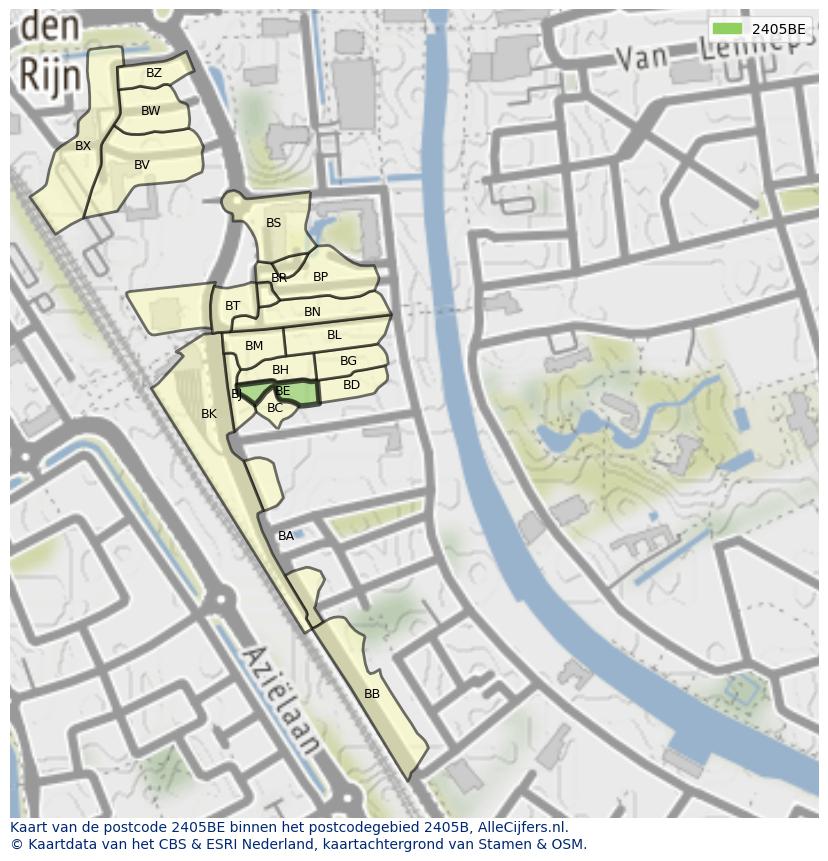 Afbeelding van het postcodegebied 2405 BE op de kaart.