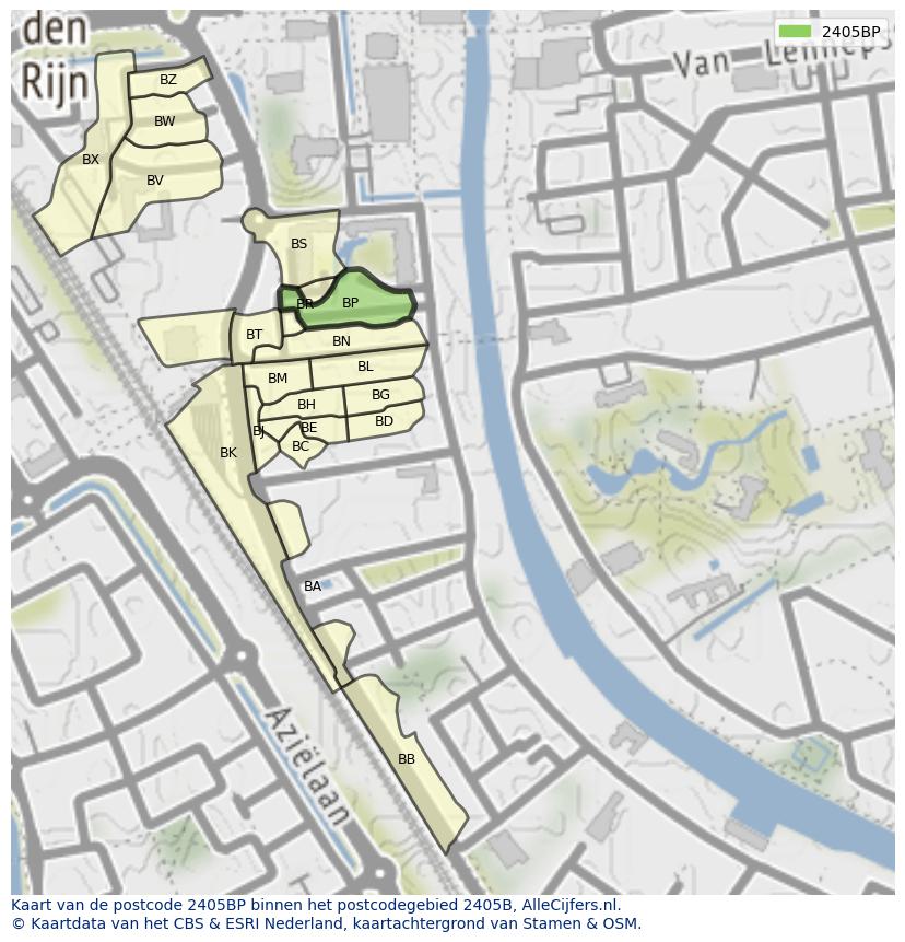 Afbeelding van het postcodegebied 2405 BP op de kaart.