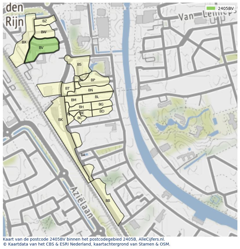 Afbeelding van het postcodegebied 2405 BV op de kaart.