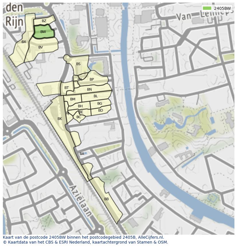 Afbeelding van het postcodegebied 2405 BW op de kaart.