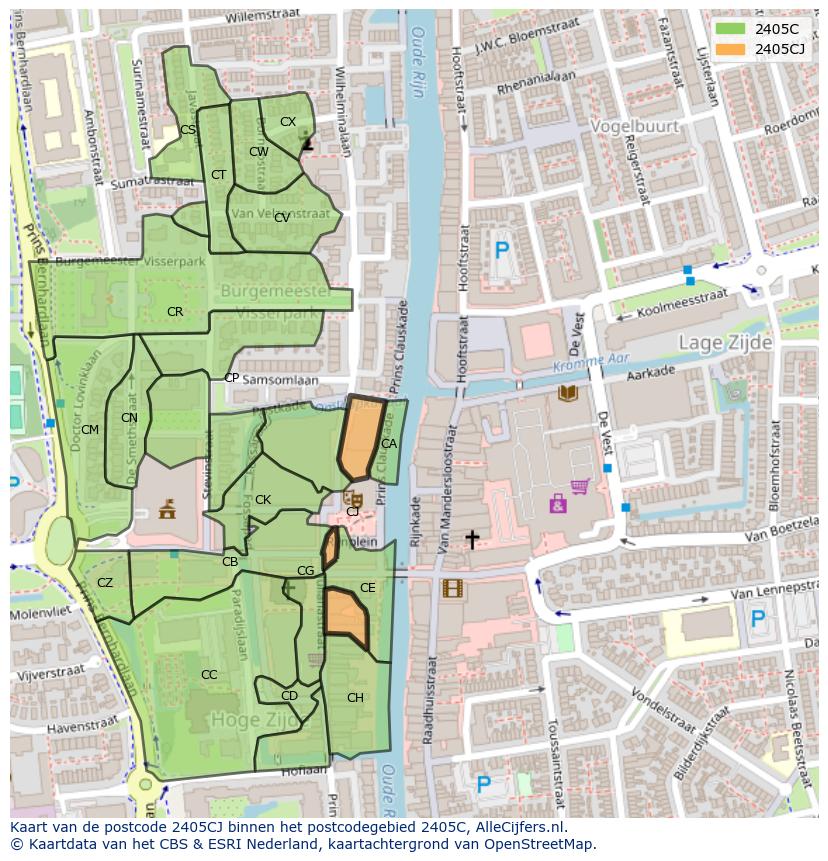 Afbeelding van het postcodegebied 2405 CJ op de kaart.