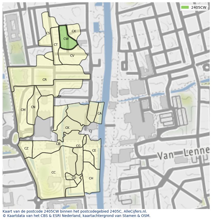 Afbeelding van het postcodegebied 2405 CW op de kaart.