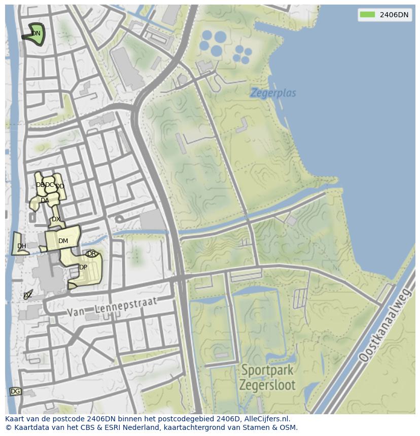 Afbeelding van het postcodegebied 2406 DN op de kaart.