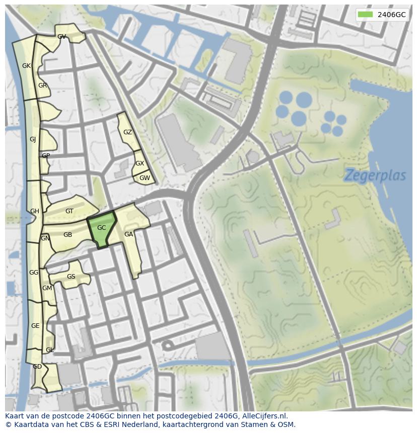 Afbeelding van het postcodegebied 2406 GC op de kaart.