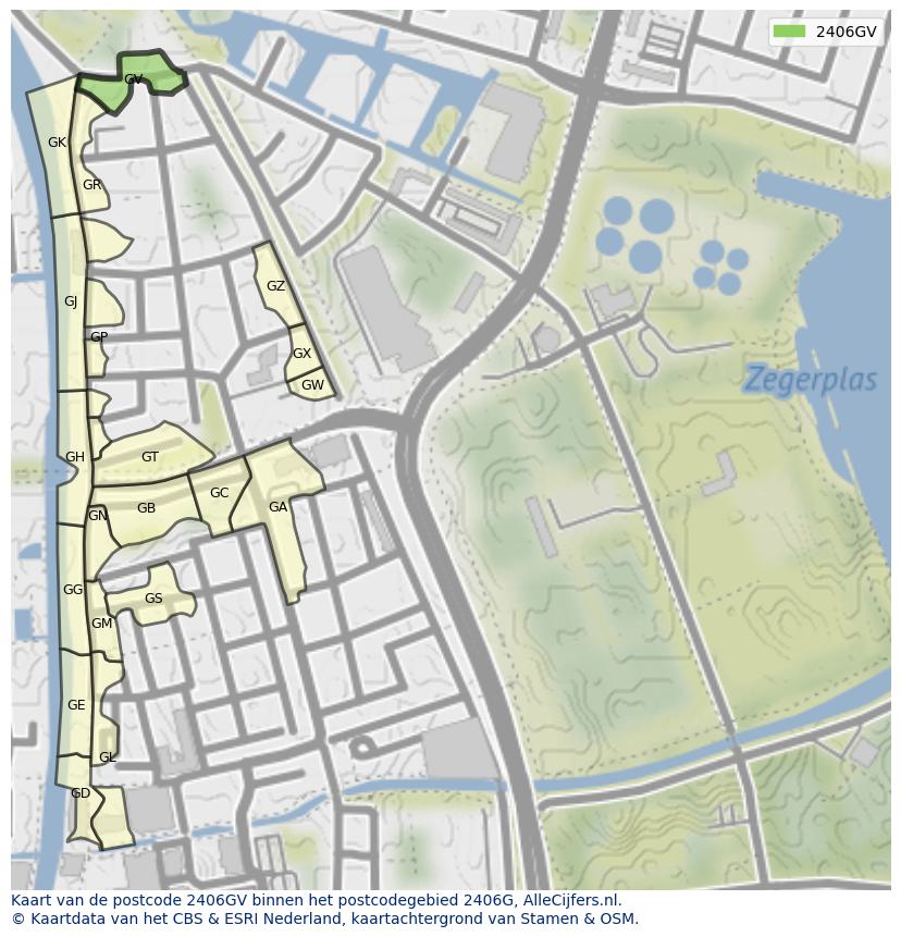 Afbeelding van het postcodegebied 2406 GV op de kaart.