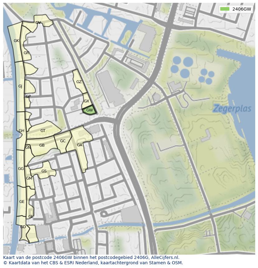 Afbeelding van het postcodegebied 2406 GW op de kaart.