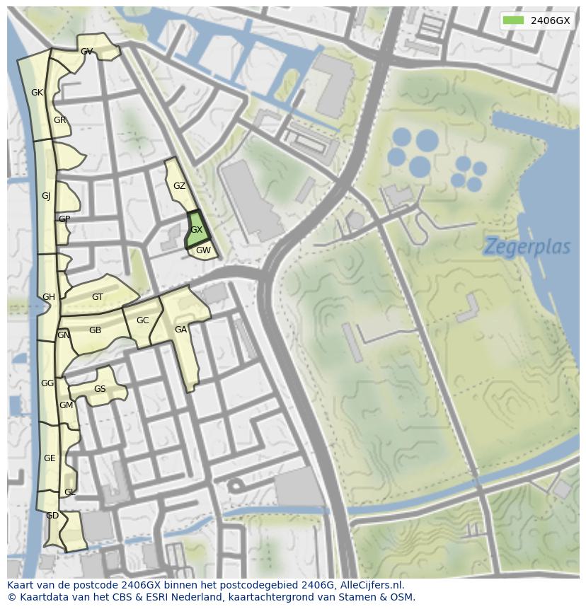 Afbeelding van het postcodegebied 2406 GX op de kaart.