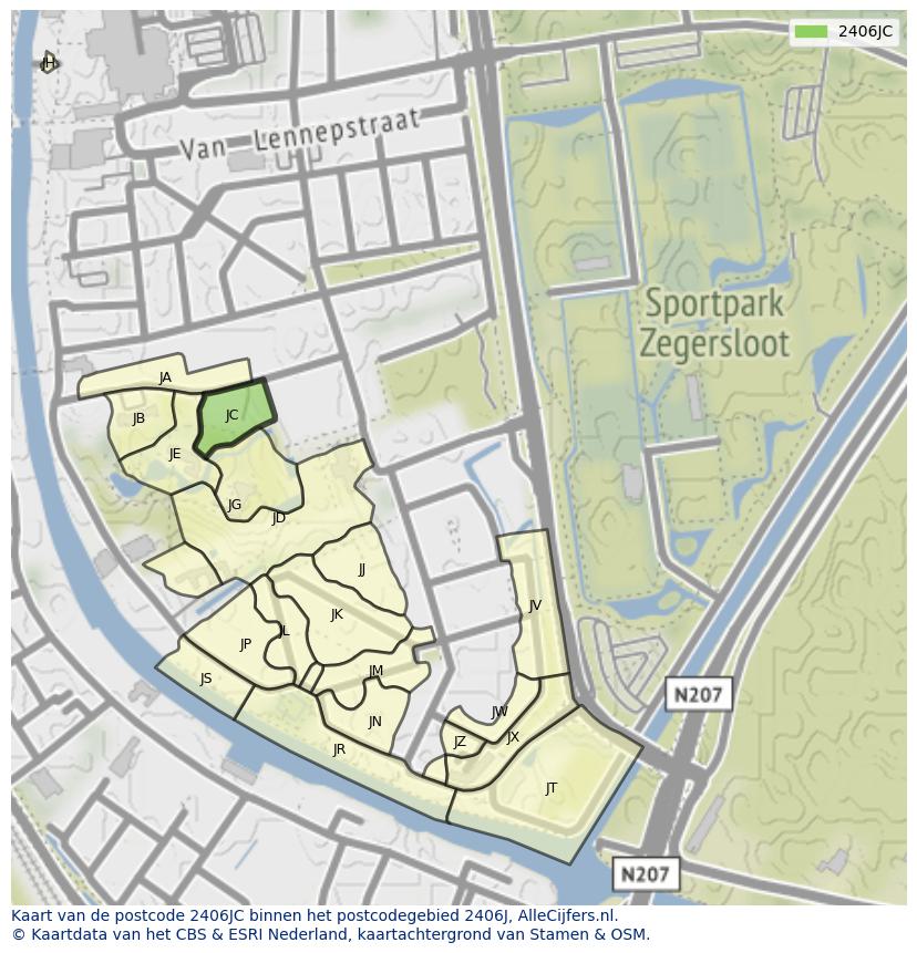 Afbeelding van het postcodegebied 2406 JC op de kaart.