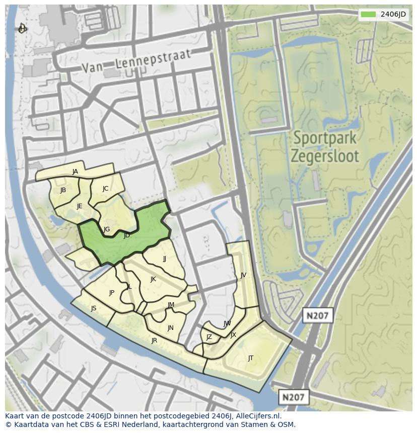 Afbeelding van het postcodegebied 2406 JD op de kaart.