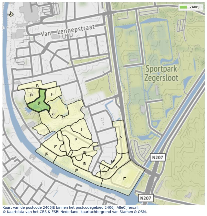 Afbeelding van het postcodegebied 2406 JE op de kaart.