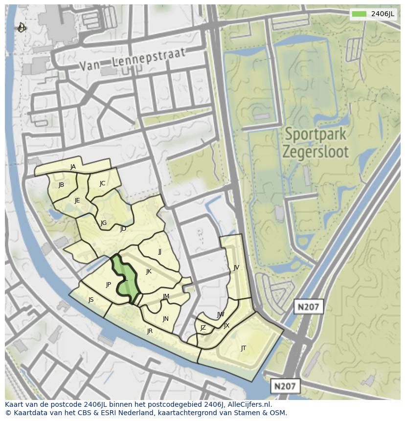 Afbeelding van het postcodegebied 2406 JL op de kaart.