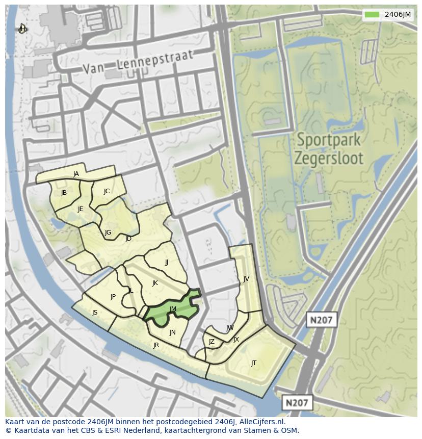 Afbeelding van het postcodegebied 2406 JM op de kaart.