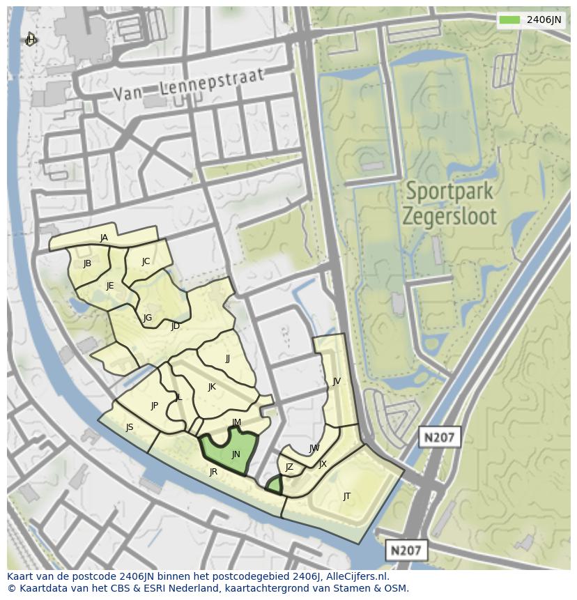 Afbeelding van het postcodegebied 2406 JN op de kaart.