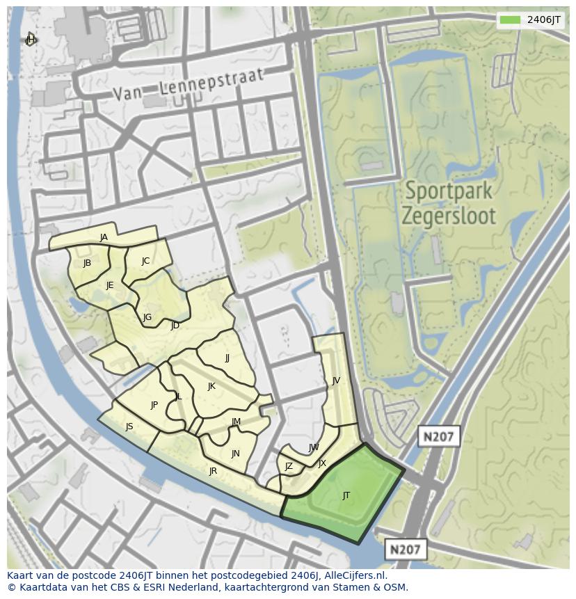 Afbeelding van het postcodegebied 2406 JT op de kaart.