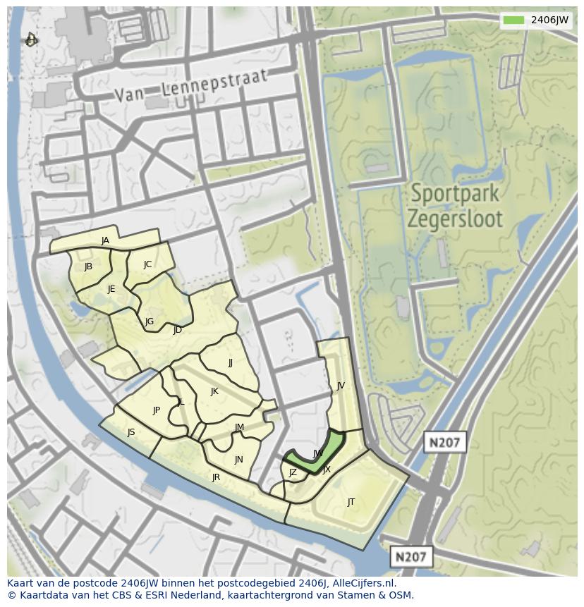 Afbeelding van het postcodegebied 2406 JW op de kaart.