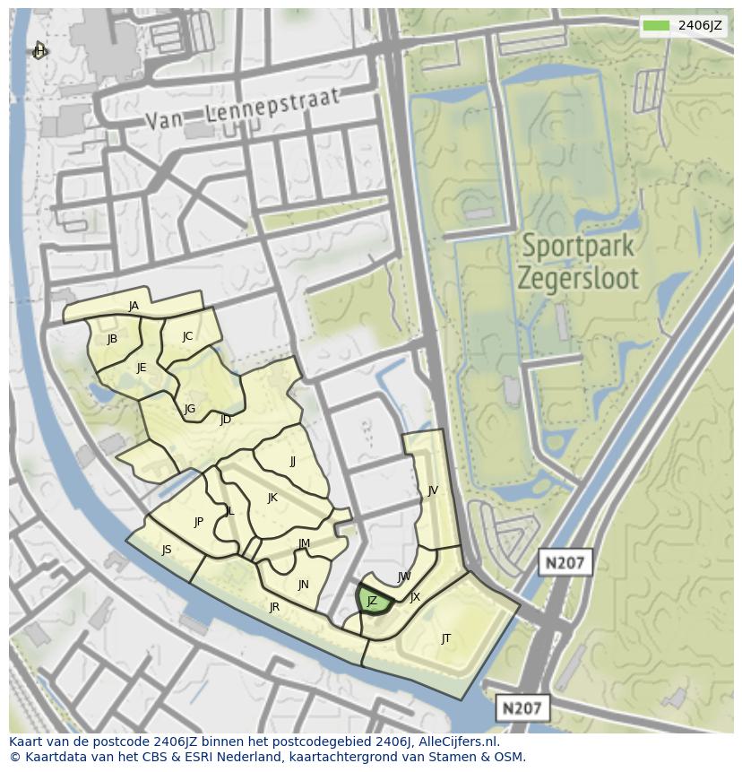 Afbeelding van het postcodegebied 2406 JZ op de kaart.