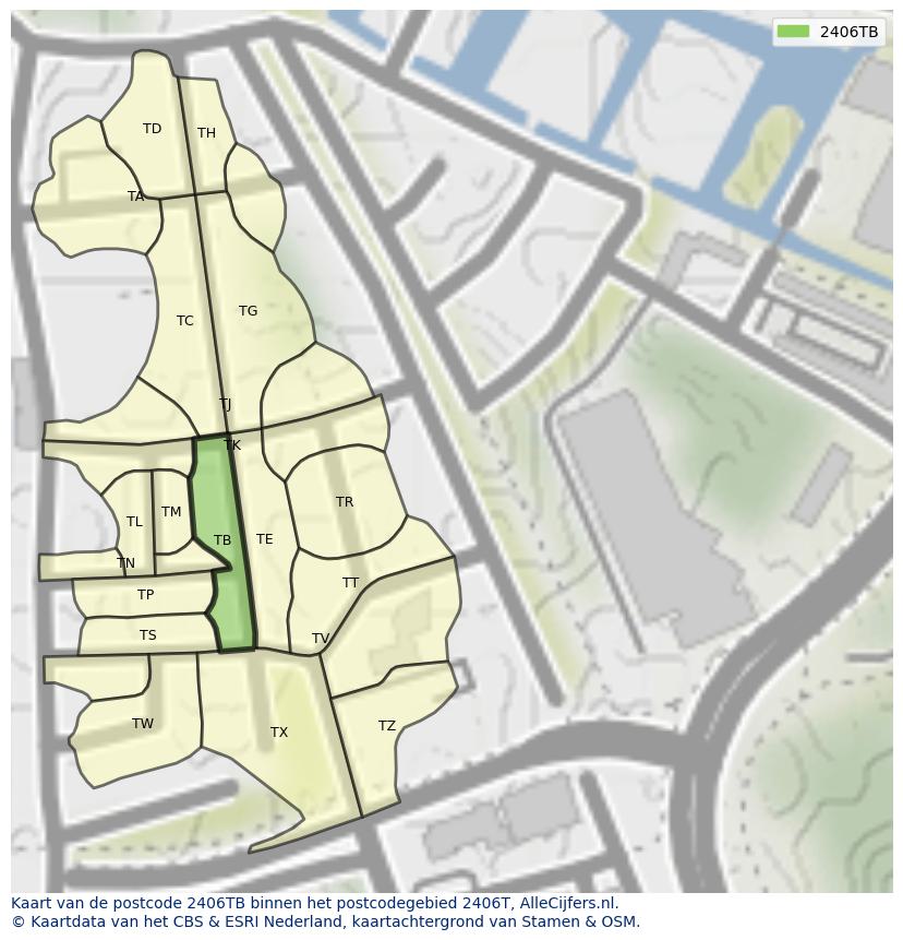 Afbeelding van het postcodegebied 2406 TB op de kaart.