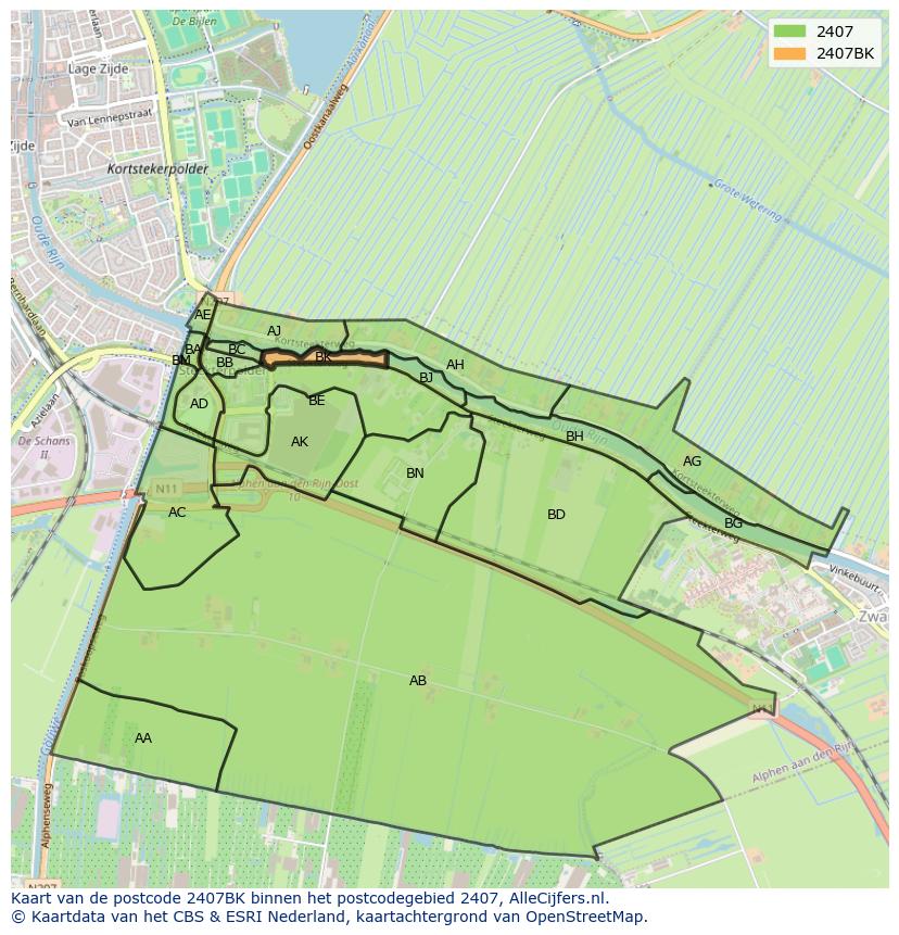 Afbeelding van het postcodegebied 2407 BK op de kaart.