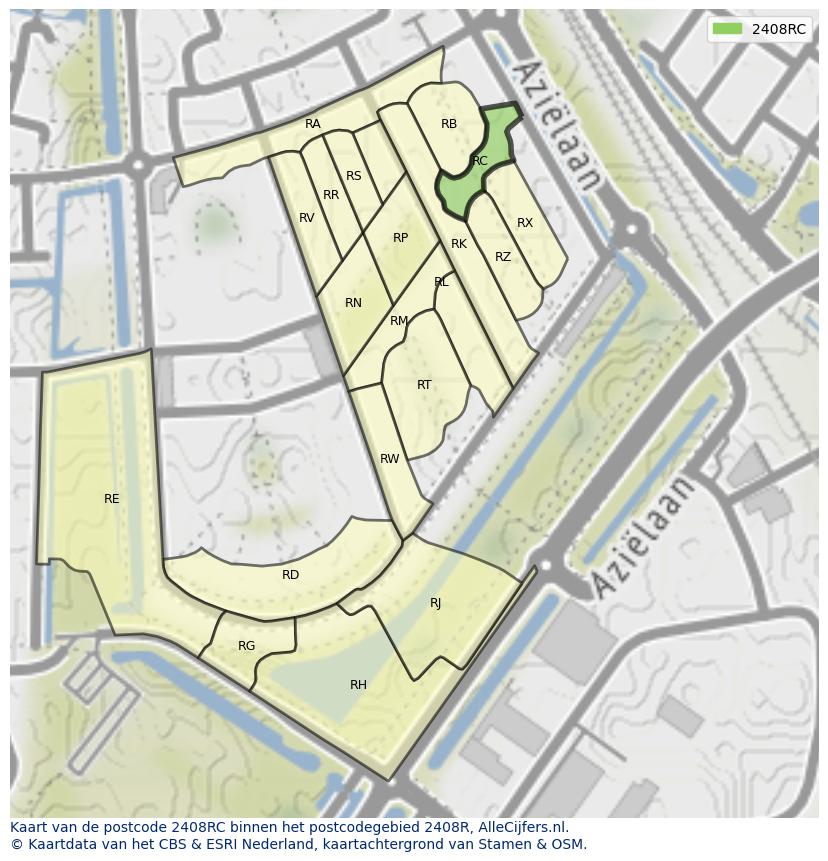 Afbeelding van het postcodegebied 2408 RC op de kaart.