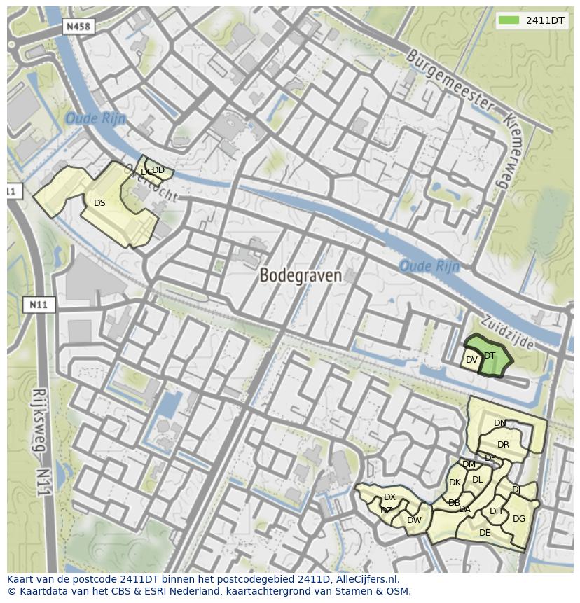 Afbeelding van het postcodegebied 2411 DT op de kaart.