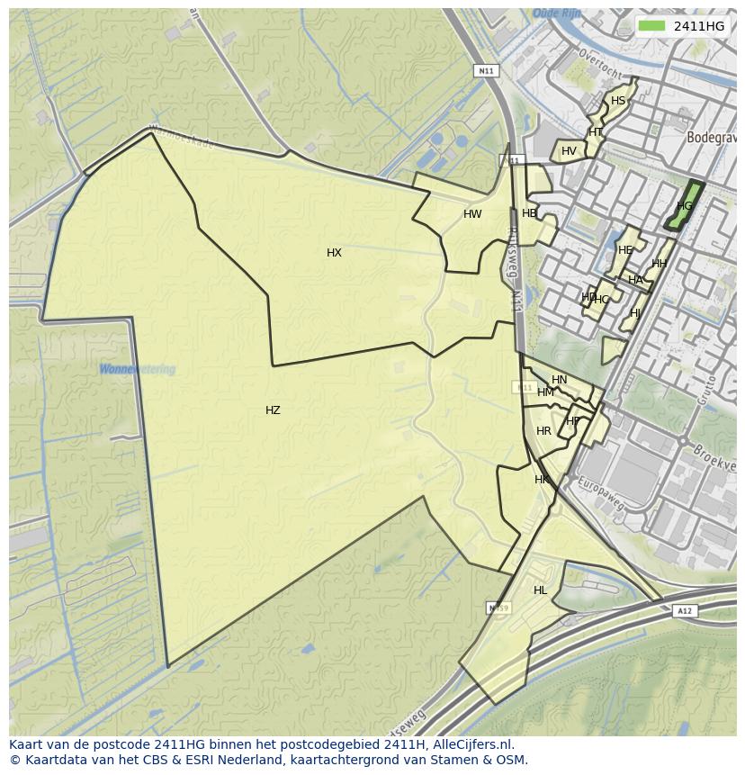 Afbeelding van het postcodegebied 2411 HG op de kaart.