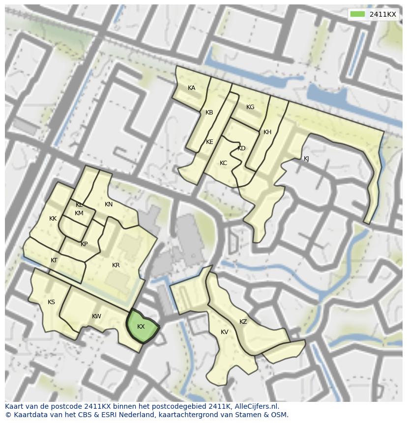 Afbeelding van het postcodegebied 2411 KX op de kaart.