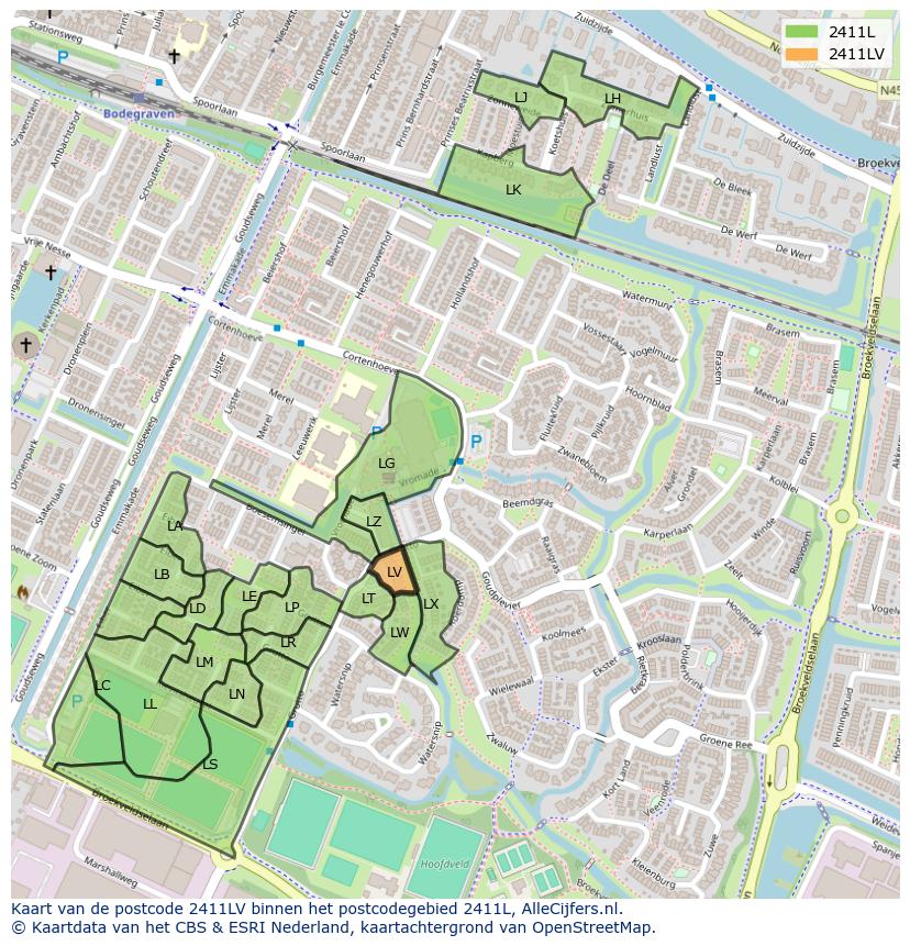 Afbeelding van het postcodegebied 2411 LV op de kaart.