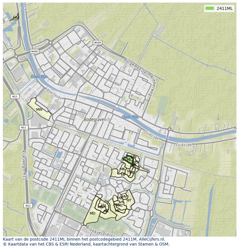 Afbeelding van het postcodegebied 2411 ML op de kaart.